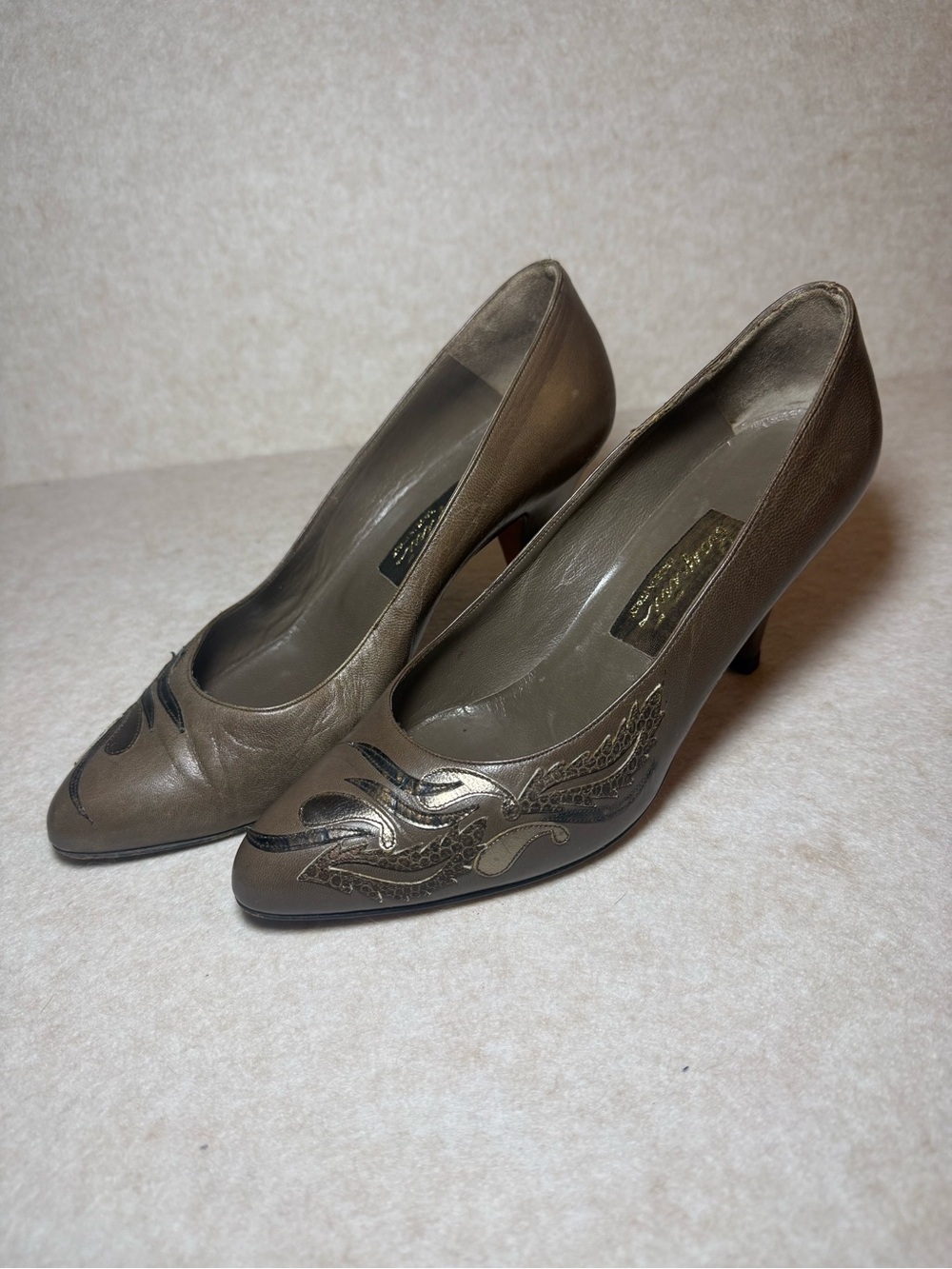 Raspini Firenze Vintage Italian Leather Brown Grey Gray Heels Size 39, US 8.5